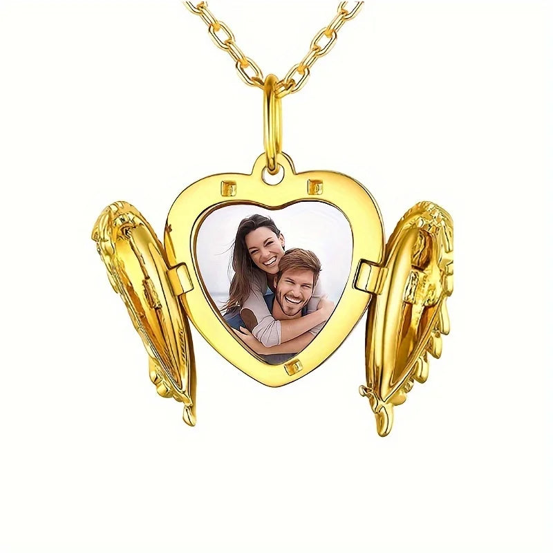 Personalized Showlu Photo Angel Wing Locket Necklace in zinc alloy with engraved space for a photo, featuring angel wing design.