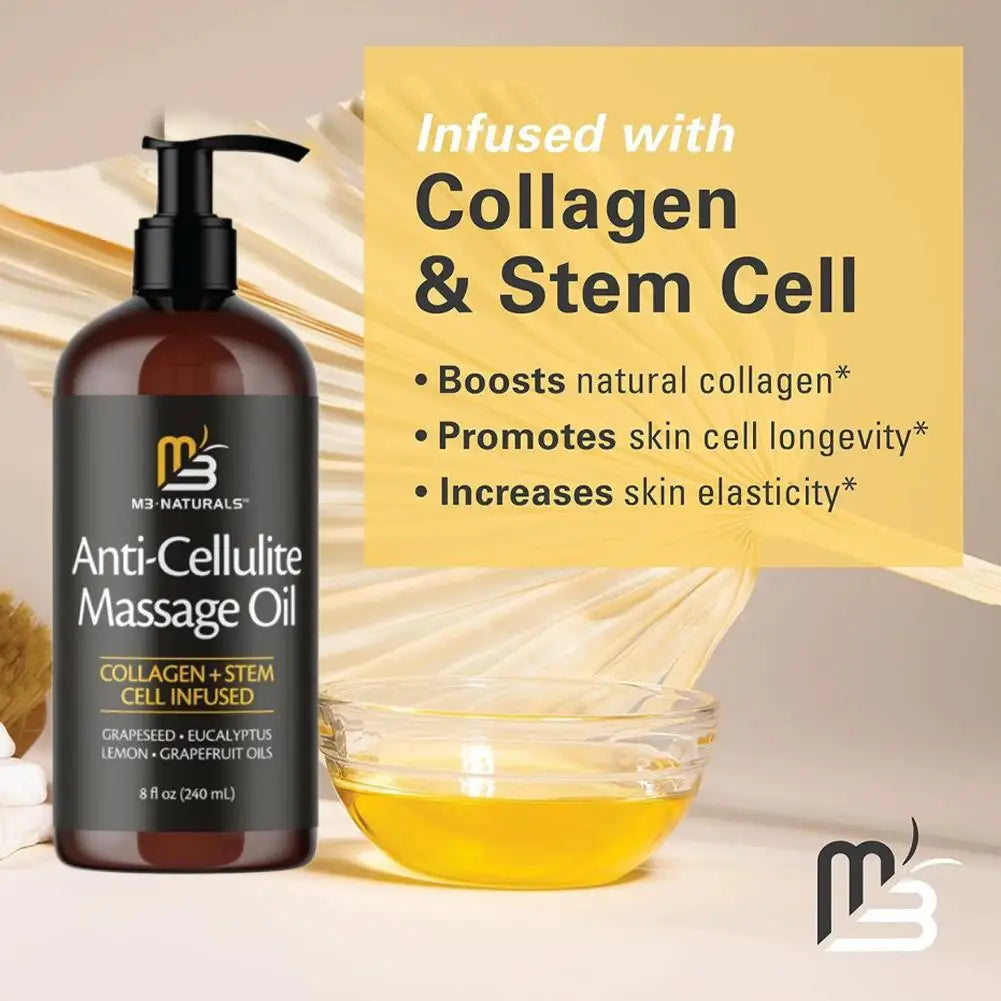 M3 Naturals anti-cellulite massage oil with grape seed and eucalyptus for firming skin, shown in a clear glass bottle.