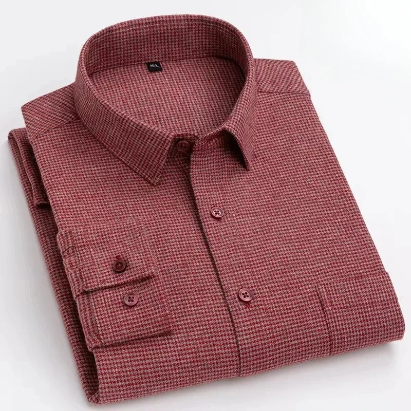 Showlu Fashion men's slim fit brushed cotton long-sleeve shirt with plaid and striped patterns, ideal for casual or formal wear.