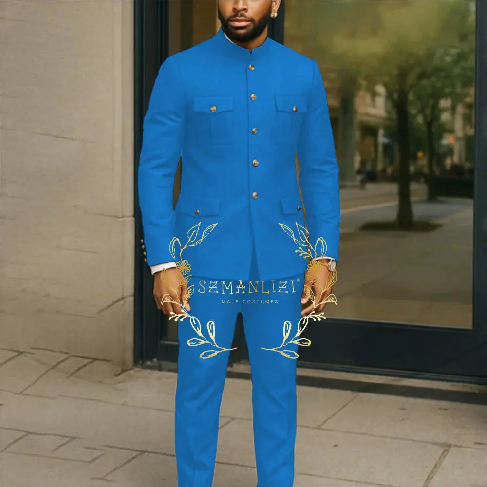 White stand collar men's business suit with single-breasted jacket and matching pants, ideal for weddings or formal occasions.