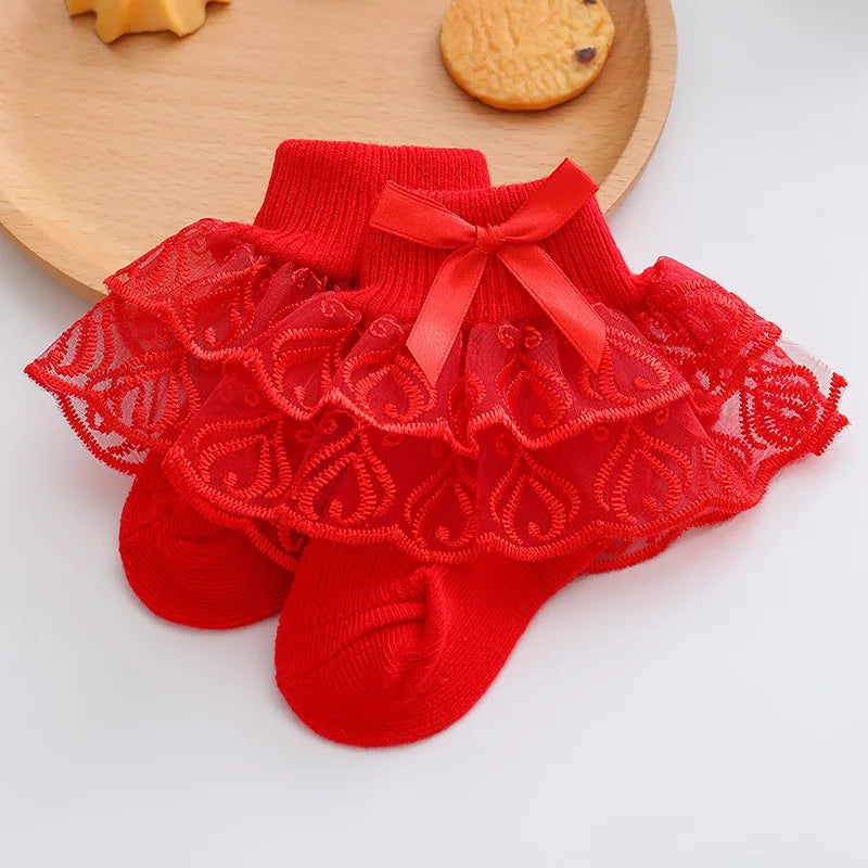 Cute toddler cotton lace ruffle princess mesh socks in candy colors, breathable ankle short summer socks for children age 0-2 years.