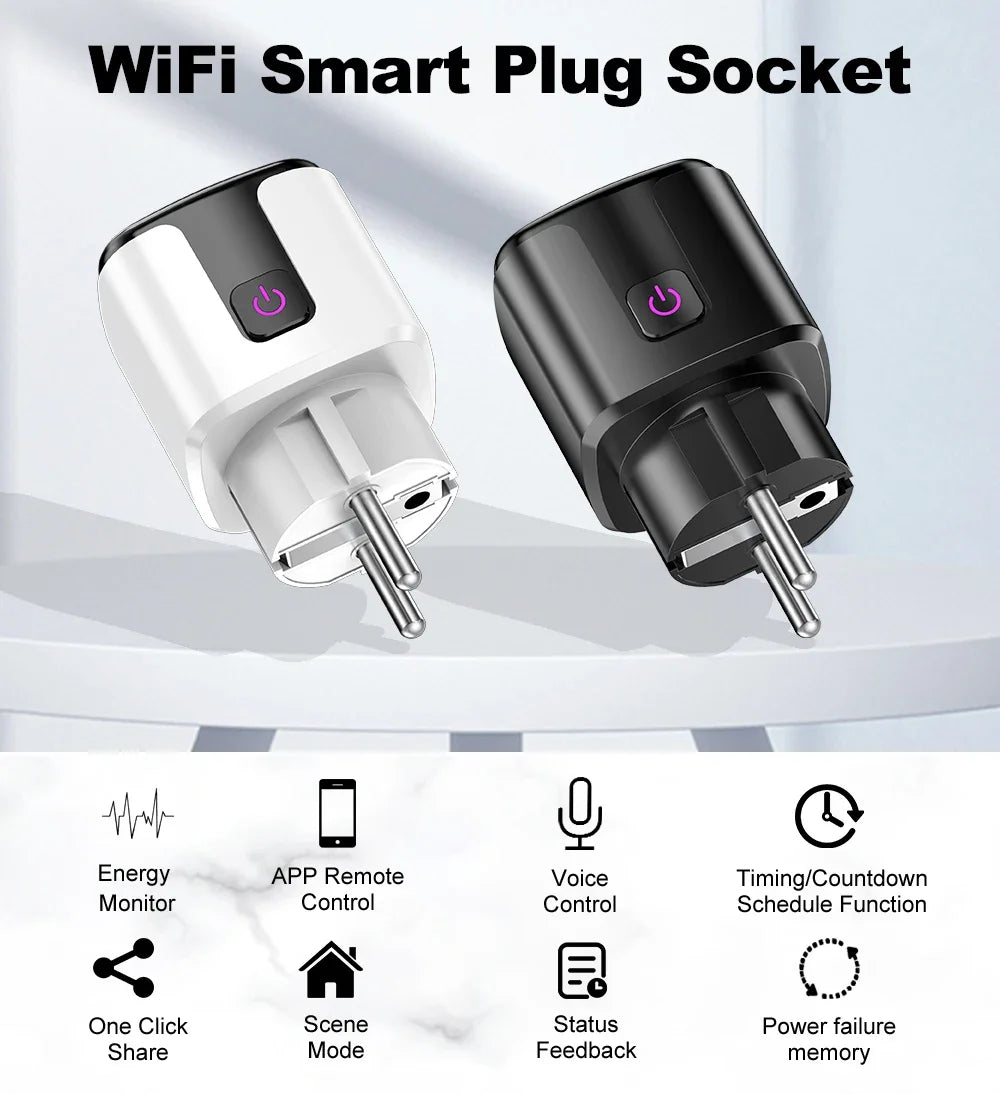 Showlu Smart WiFi smart plug with EU socket, power monitor, and voice control for remote device management.