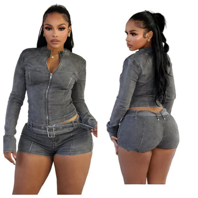 JENYAGE Women's 2-Piece Denim Set - Slim Zip Jacket and Shorts Y2K Outfit