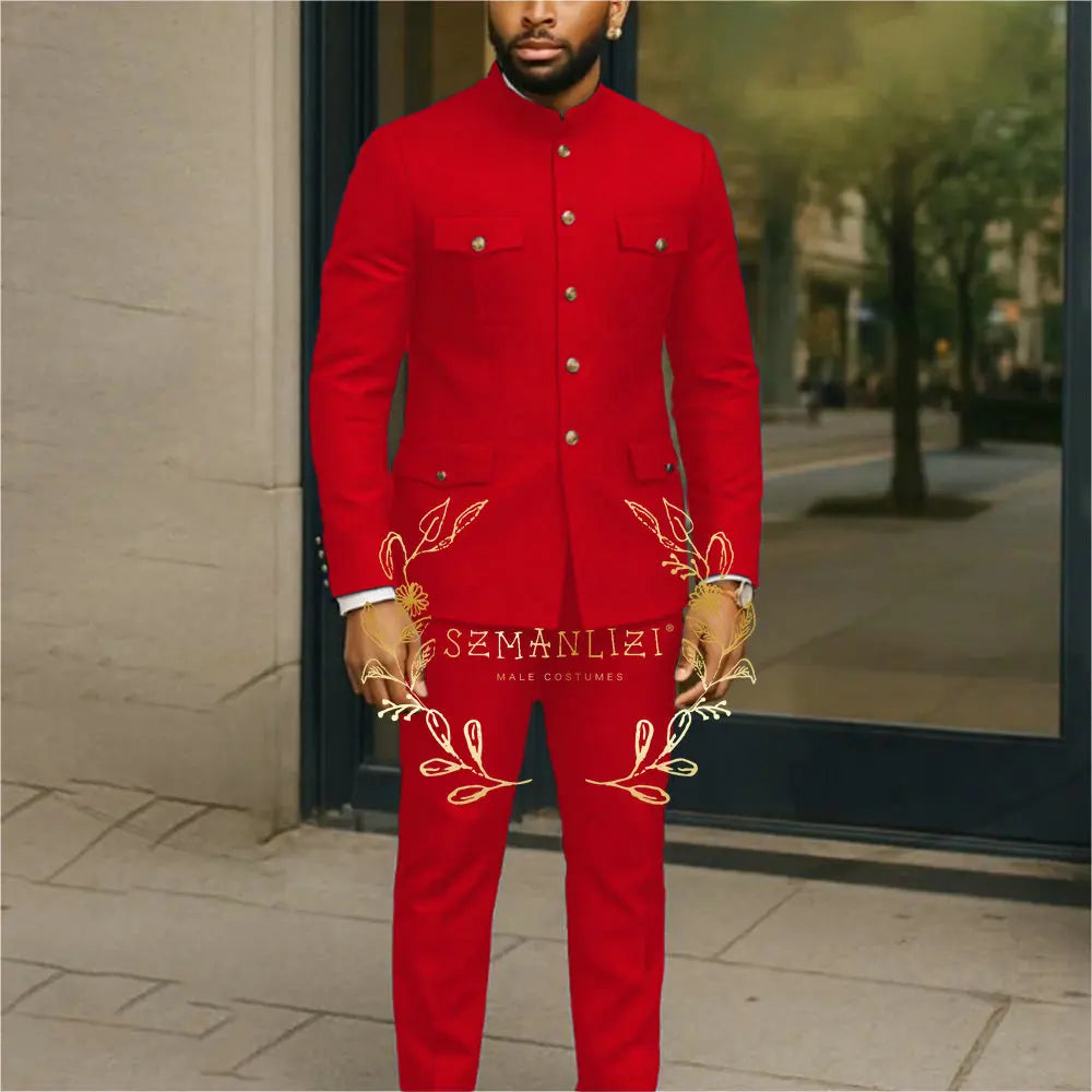 White stand collar men's suit jacket and pants set with single-breasted blazer, ideal for business, groom, or wedding attire.