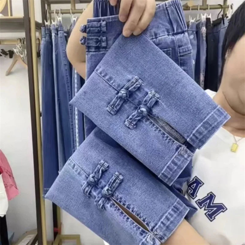 2025New Spring Autumn High Elasticity Women Jean Korean Loose Straight Ankle-Length Cowboy Pants Female Extends Denim Pants Lady