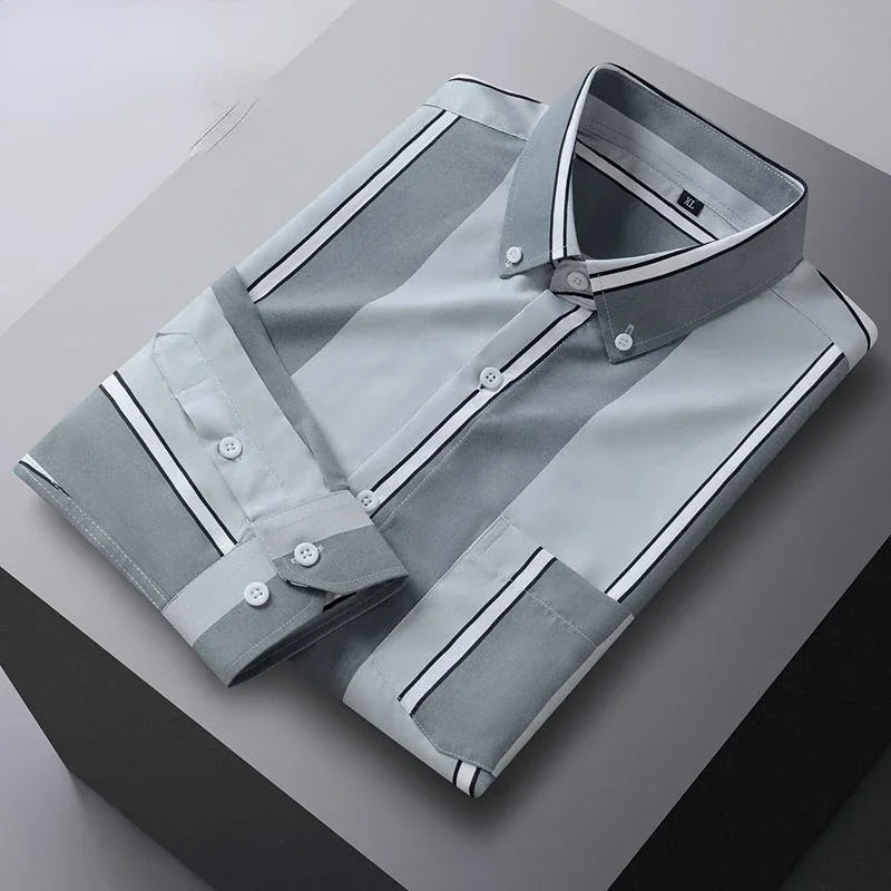 Men's printed long-sleeved striped shirt with pocket, slim fit, casual Korean fashion style for spring and autumn.