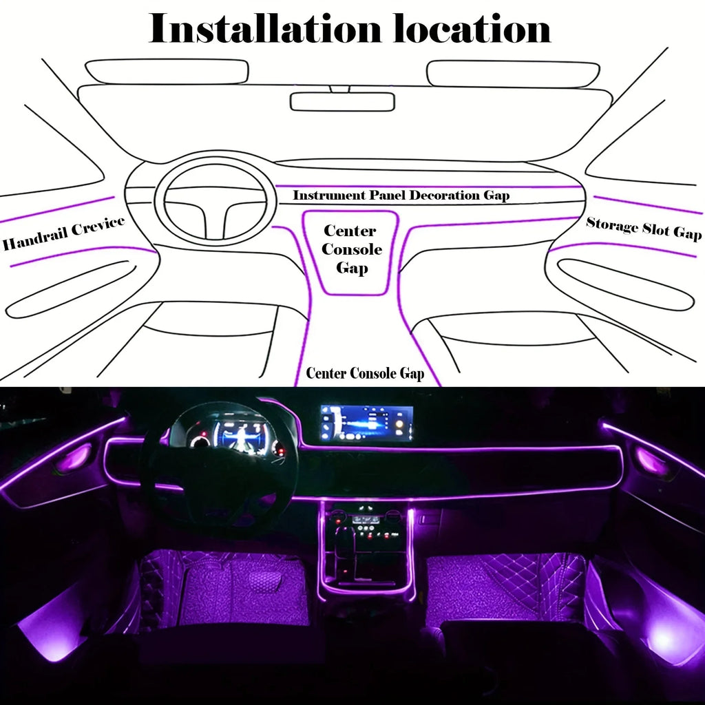 Showlu Smart RGB car interior ambient light strip with app control, 12V power, and music sync for customizable vehicle lighting.