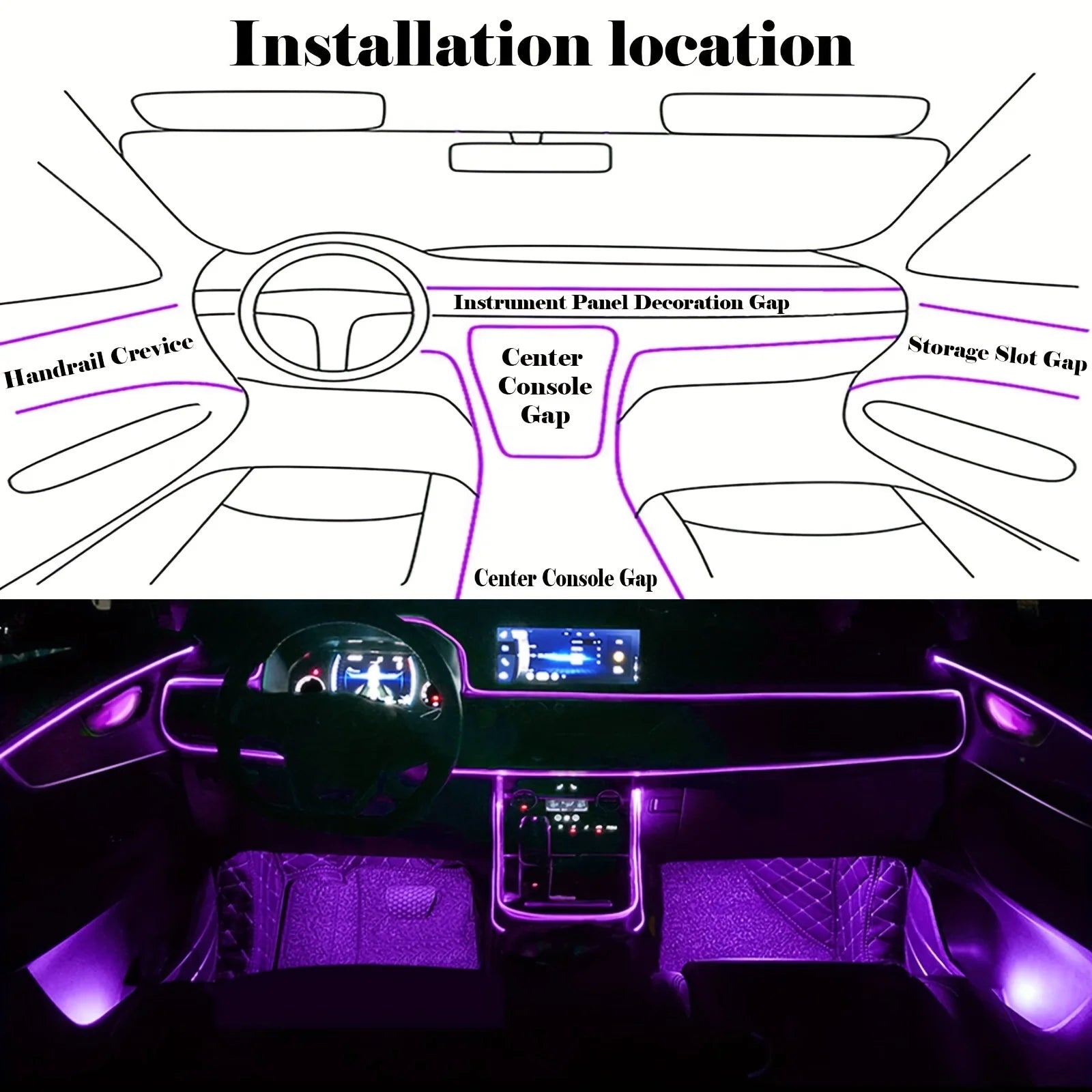 Showlu Smart RGB car interior ambient light strip with app control, 12V power, and music sync for customizable vehicle lighting.
