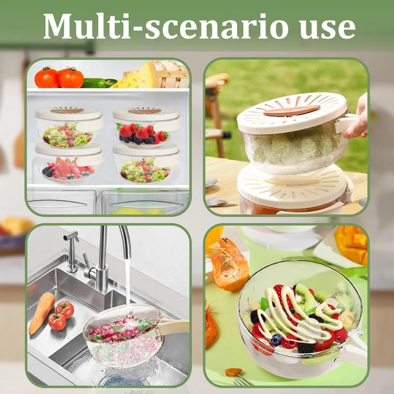 Kitchya multifunctional fruit and vegetable colander with strainer lid, white plastic kitchen tool for rinsing and draining produce.