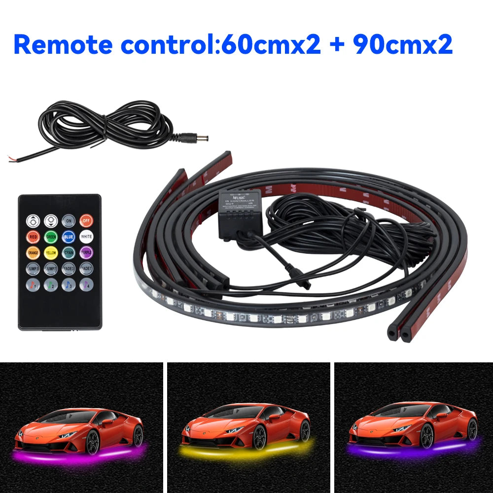 Showlu Smart General Car Underglow LED Kit installed under vehicle, featuring colorful LED lights for custom automotive lighting.