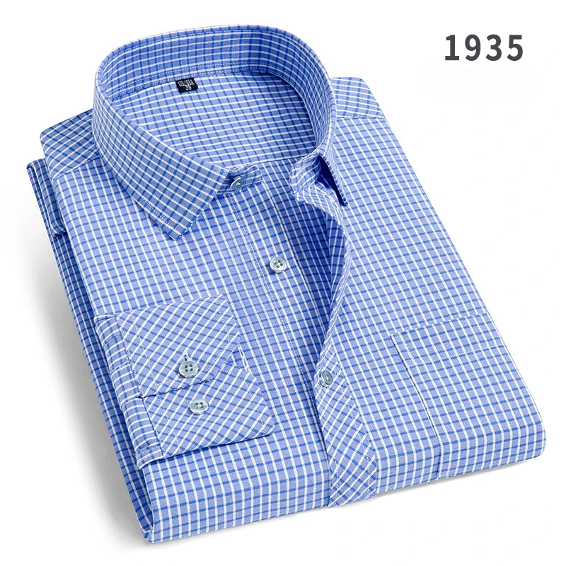 Plus size men's slim fit formal plain long-sleeve shirt with double collar, solid color, suitable for office and business wear.