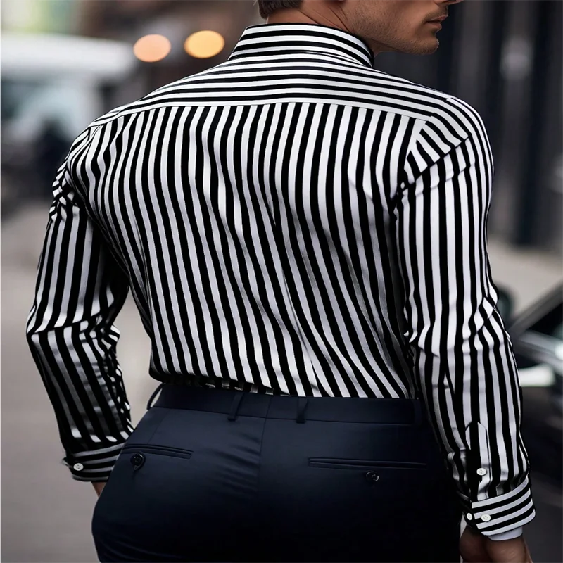 European men's striped long-sleeve casual shirt in luxury quality, plus size 6XL, featuring a single-breasted design and stylish temperament.