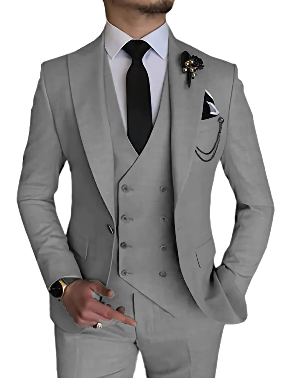 Beige men's formal suit by Showlu Fashion with peak lapel blazer, double-breasted vest, and matching pants for wedding or prom.
