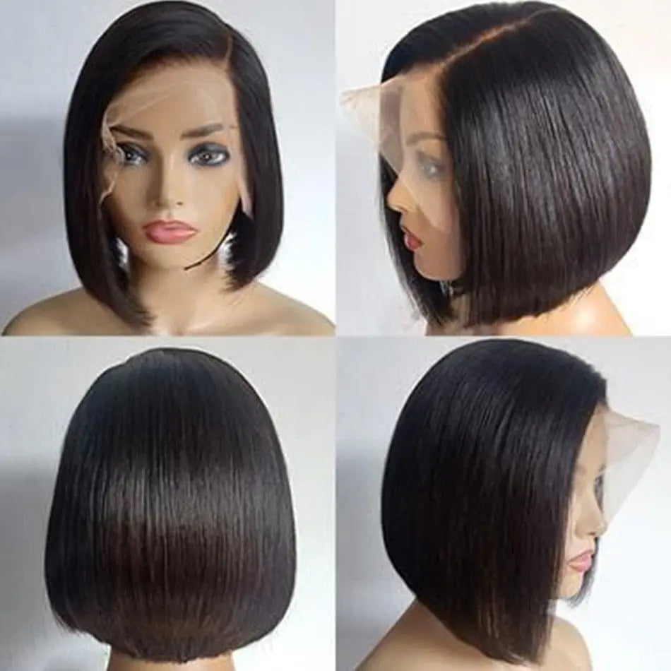 Showlu Fashion Store Brazilian straight bob wig with 13x1 T-part transparent lace, pre-plucked, bone-straight human hair for women.