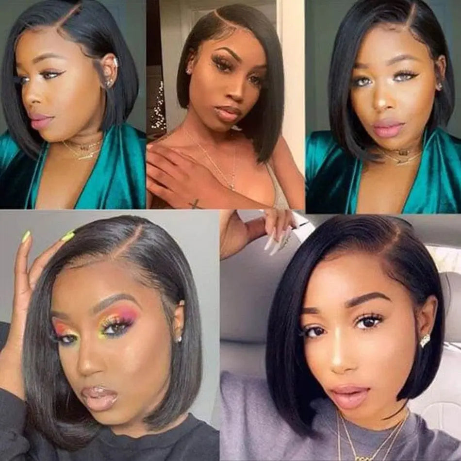 Showlu Fashion Store Brazilian straight bob wig with 13x1 T-part transparent lace, pre-plucked, natural-looking human hair for women.