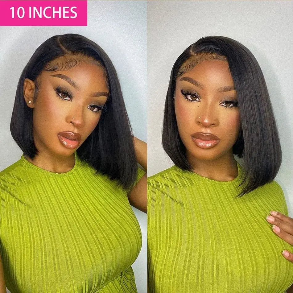 Showlu Fashion Store Brazilian straight bob wig with 13x1 T-part transparent lace, pre-plucked, bone hair, suitable for women.