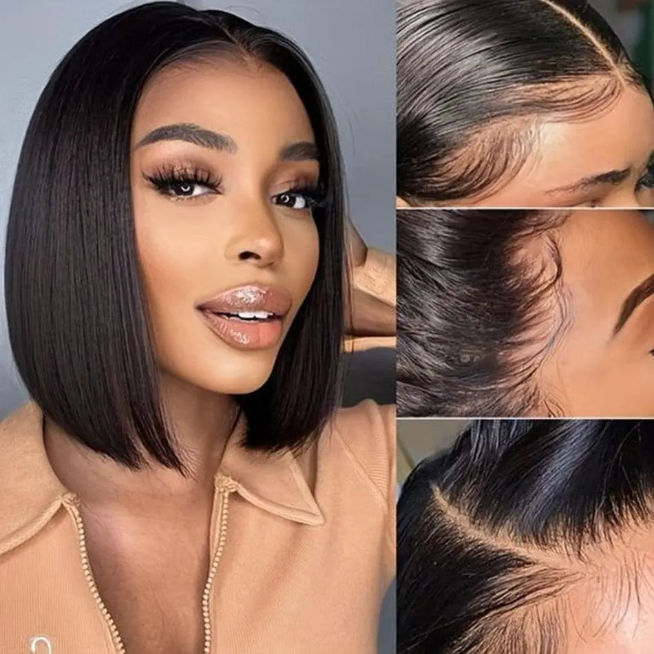 Showlu Fashion Store Brazilian straight bob wig with 13x1 T-part transparent lace, pre-plucked, natural-looking human hair wig for women.