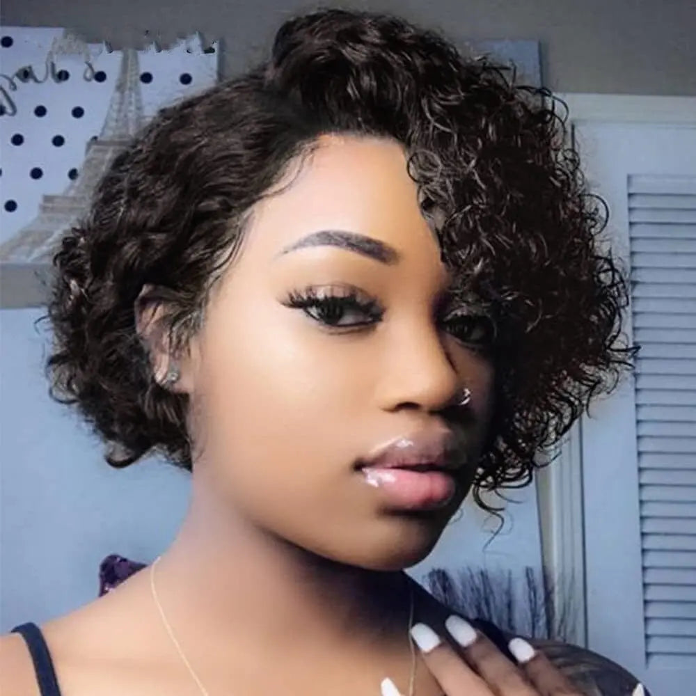 Afro kinky curly Brazilian human hair wig with short pixie cut, natural look, no lace front, styled by Showlu Fashion Store