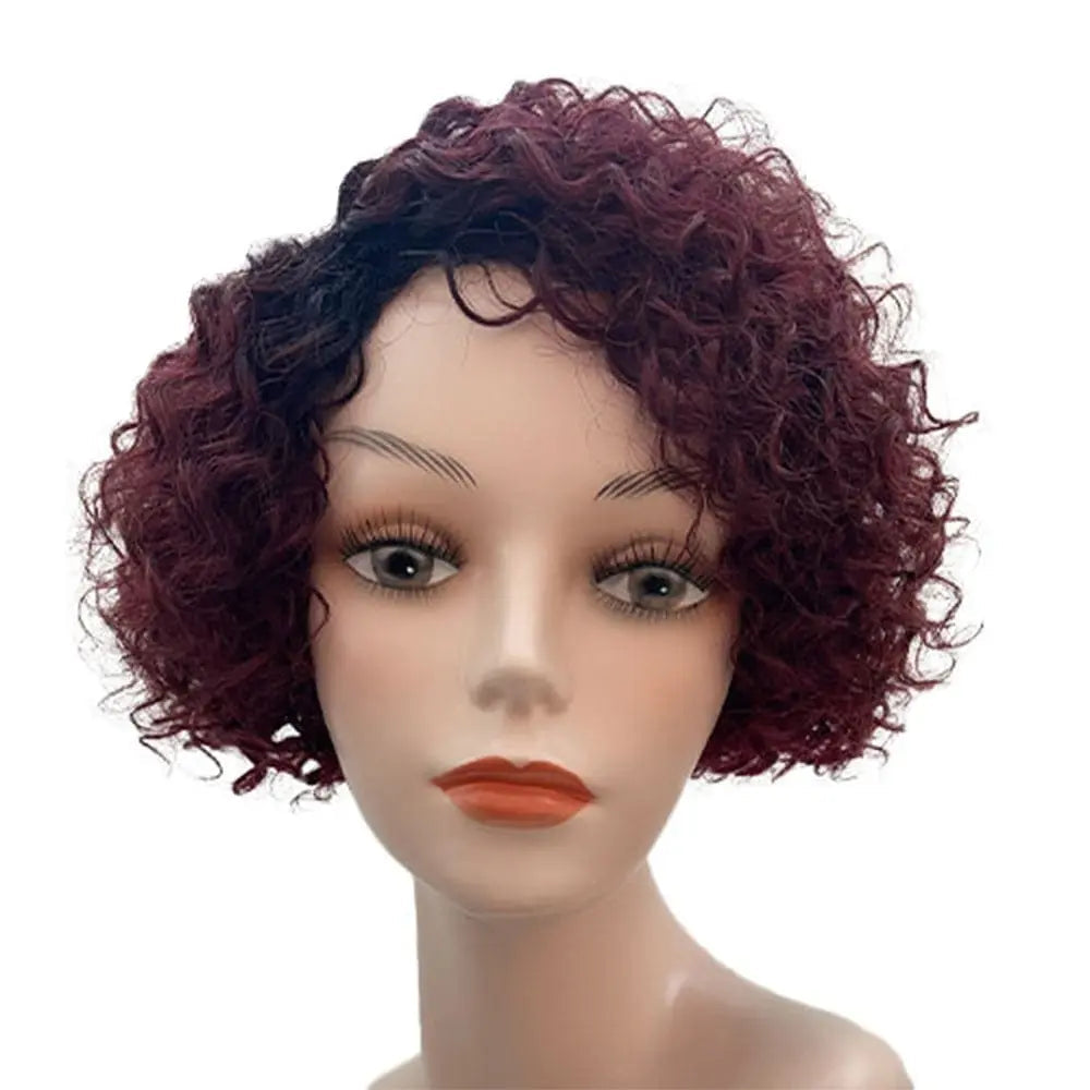 Showlu Fashion Afro Kinky Curly Brazilian human hair wig with short kinky curly pixie cut, natural look, no lace front.