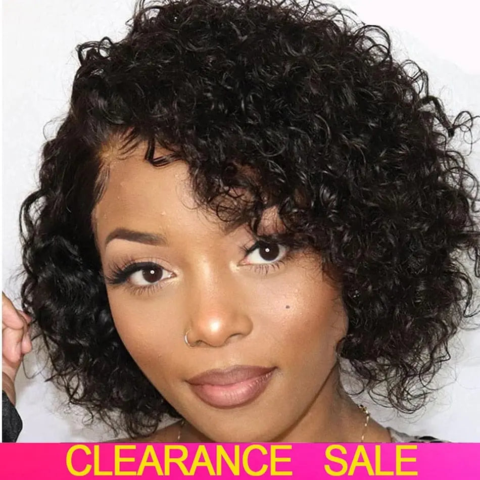 Showlu Fashion Afro Kinky Curly Brazilian human hair wig with short kinky curls and natural pixie cut, no lace front for women
