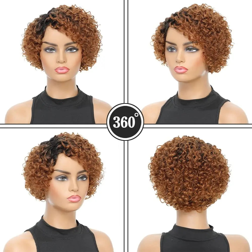 Afro kinky curly Brazilian human hair wig with short pixie cut, natural look, no lace front, styled for women.