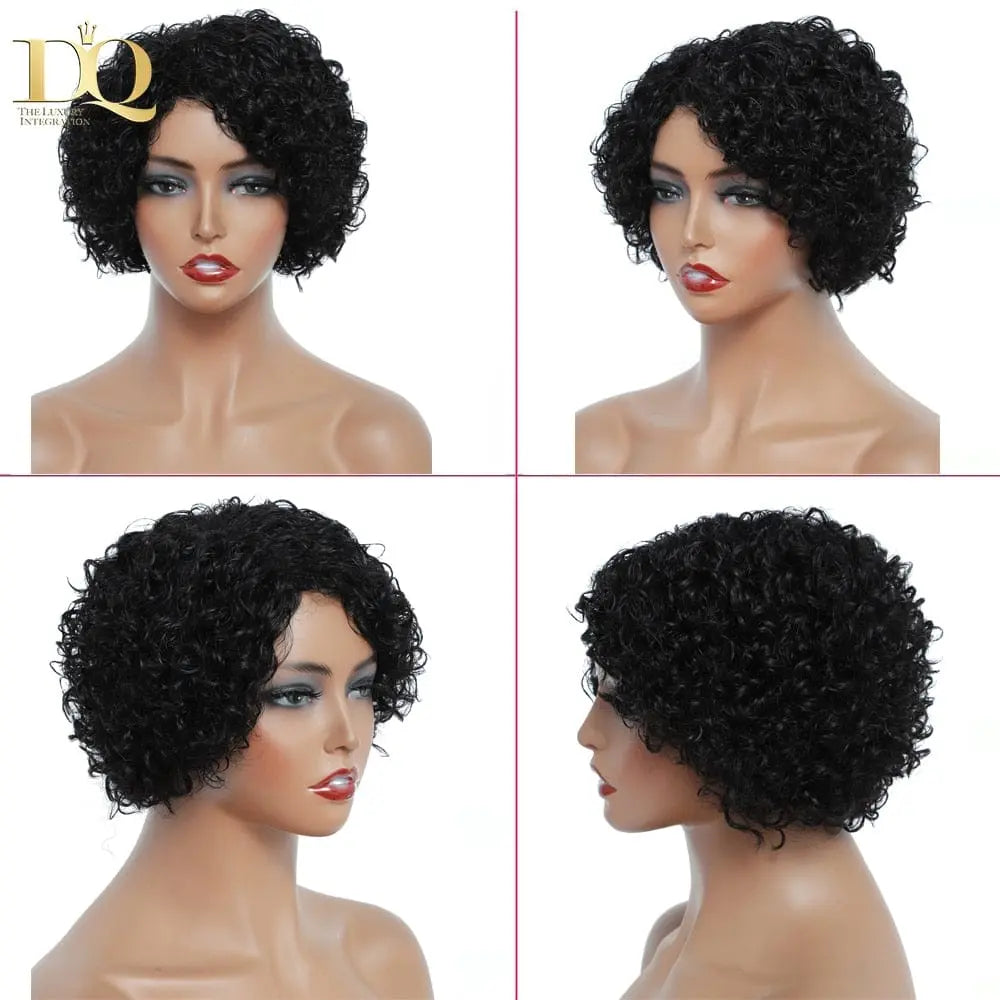 Showlu Fashion Afro kinky curly Brazilian human hair wig with short pixie cut, natural texture, no lace front for women.