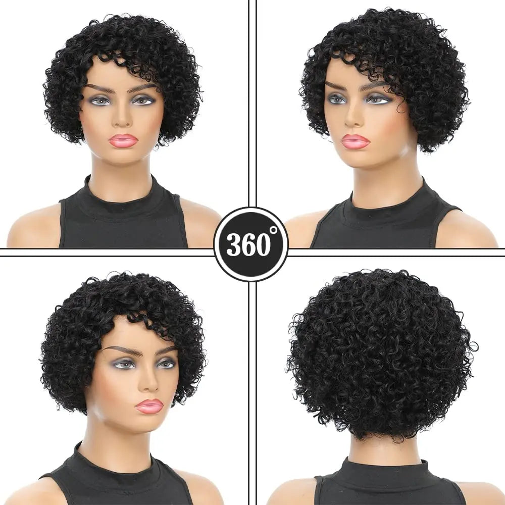 Showlu Fashion Afro kinky curly Brazilian human hair wig with a short pixie cut, natural-looking afro style, no lace front.