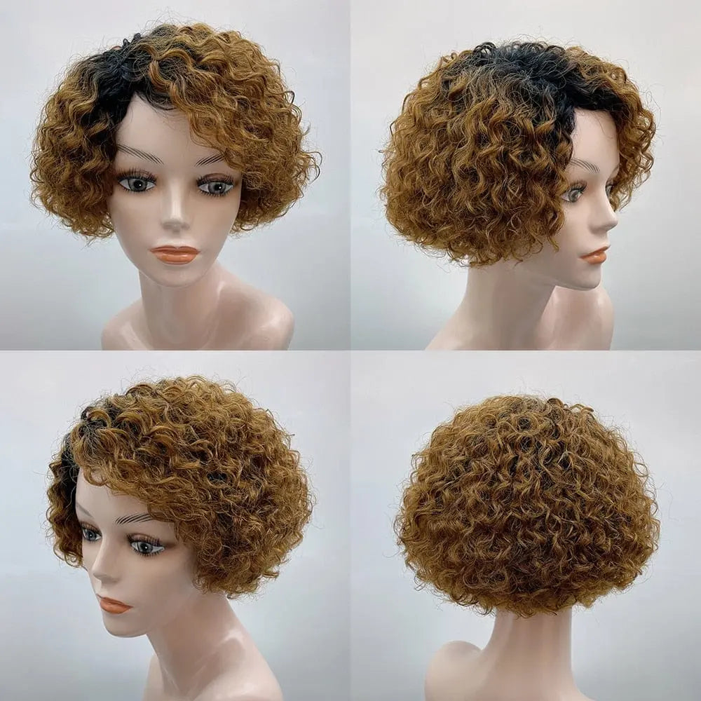 Showlu Fashion Afro kinky curly Brazilian human hair wig with a short pixie cut, natural texture, no lace front for women.