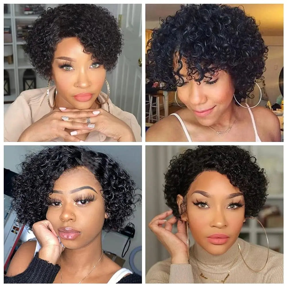 Showlu Fashion Afro kinky curly Brazilian human hair wig with short, natural pixie cut and no lace front for women.