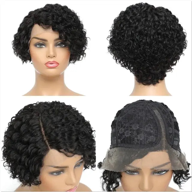 Showlu Fashion Afro kinky curly Brazilian human hair wig with short pixie cut, natural texture, no lace front, for women.