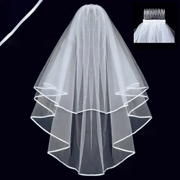 Showlu two-layer shoulder-length wedding veil with tulle and comb, white ivory bridal accessory for marriage and wedding ceremonies.