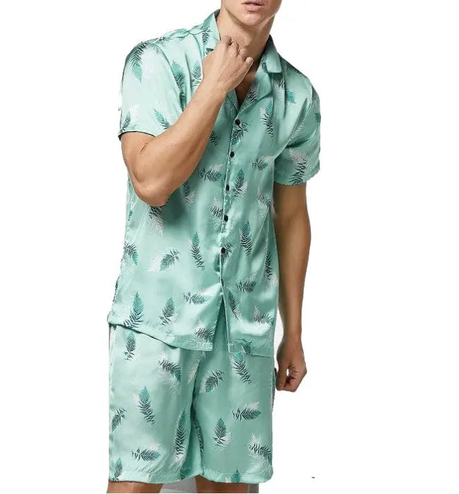 Showlu men's short sleeve pajama set with shirt and pants, lightweight polyester sleepwear for summer relaxation and home wear.