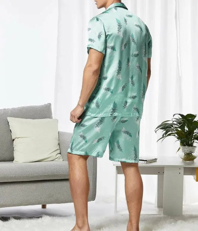 Showlu men's short sleeve pajama set with a shirt and pants, lightweight polyester sleepwear for summer comfort.