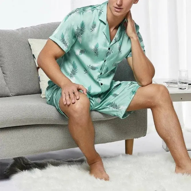 Showlu men's short sleeve pajamas set with a shirt and pants, lightweight polyester sleepwear for summer comfort and relaxed home wear.