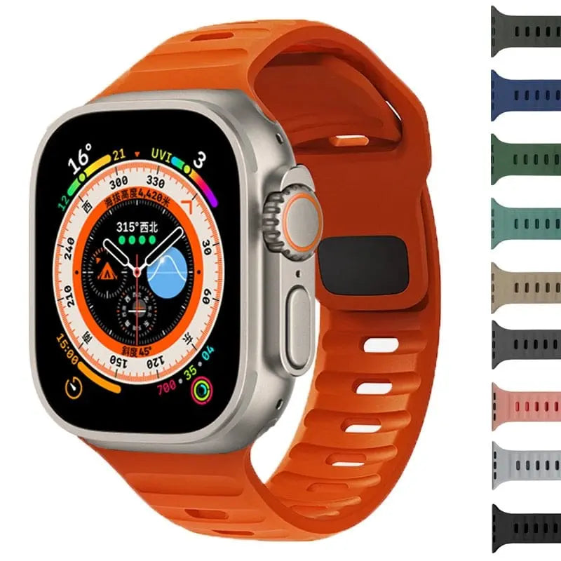 I LOVE LUO silicone sport band for Apple Watch Ultra and Series 7/8, 45mm and 49mm, shown in black with a snug fit.