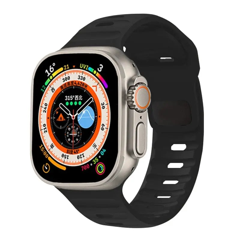 Showlu Fashion silicone sport band for Apple Watch Ultra 8, 7, SE 49mm, 45mm, flexible, comfortable watch strap for iWatch.