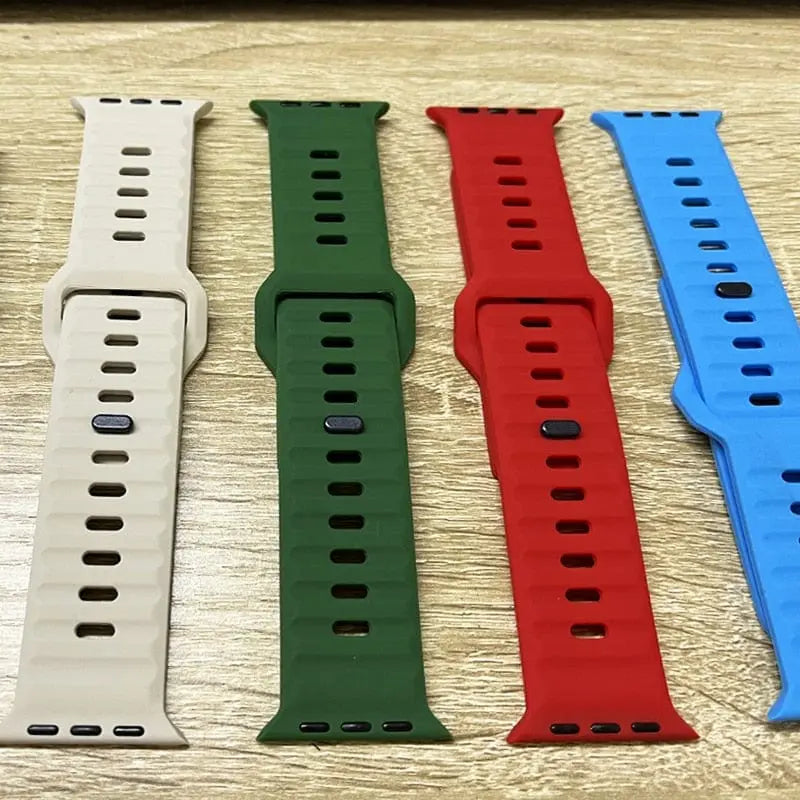 I LOVE LUO silicone sport band for Apple Watch Ultra 49mm and 45mm, shown on a watch with a bright, flexible silicone strap.