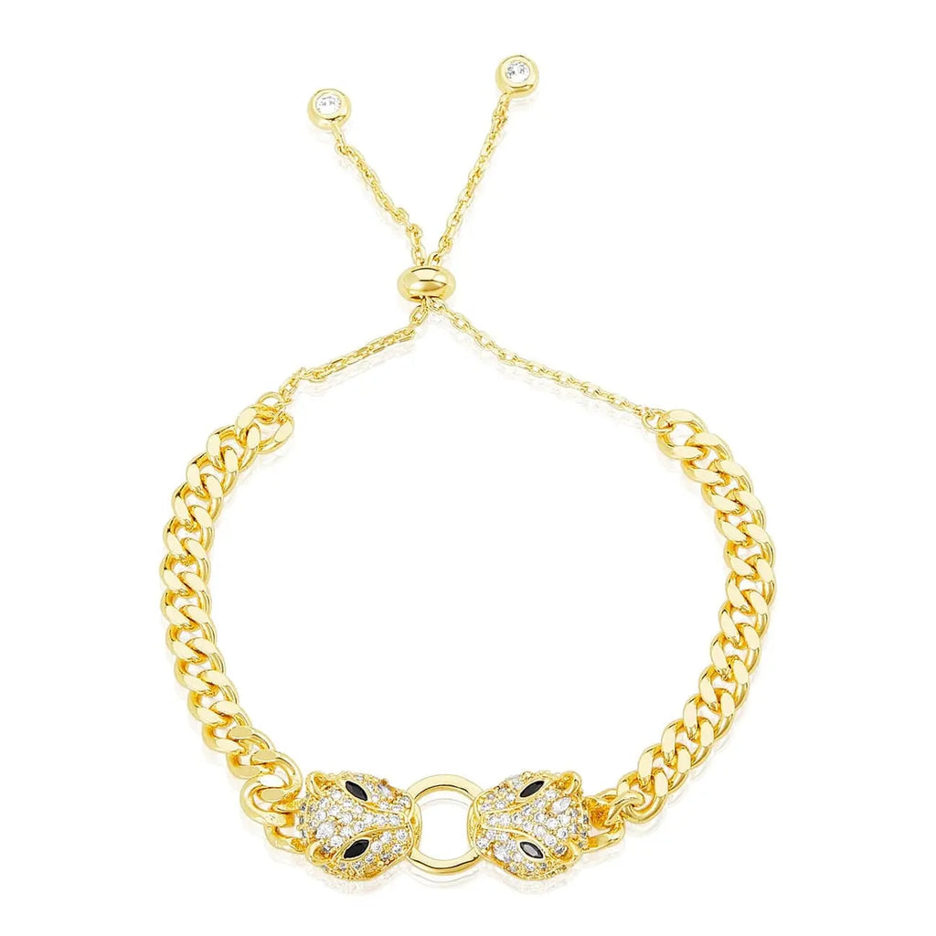 Showlu Store Nation silver and gold-tone Jaguar Head Cuban link bracelet with CZ stones, adjustable for women.