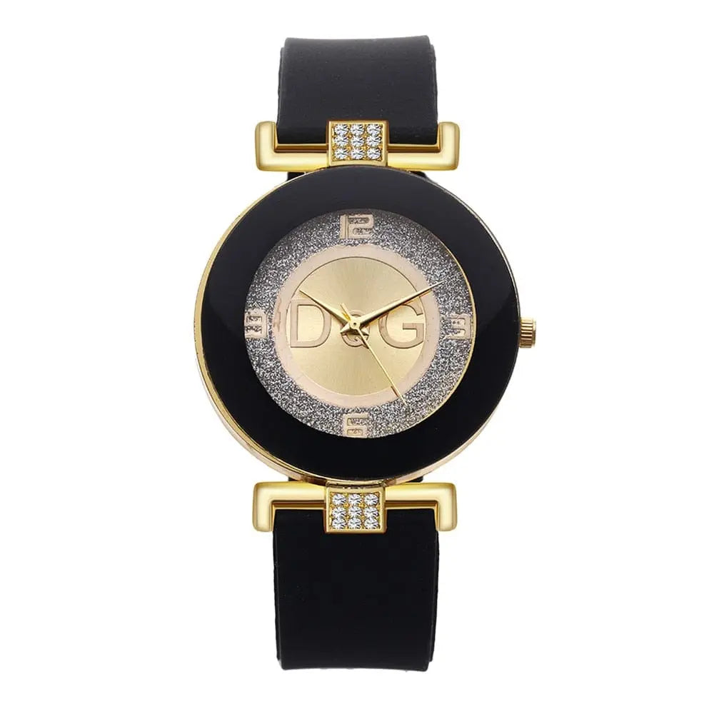 Showlu Fashion Store women's minimalist quartz watch with a large dial and black silicone strap, featuring a sleek and modern design.