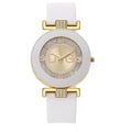 Women's minimalist quartz watch by Showlu Fashion with a large dial and black silicone strap, sleek and modern wristwatch design.