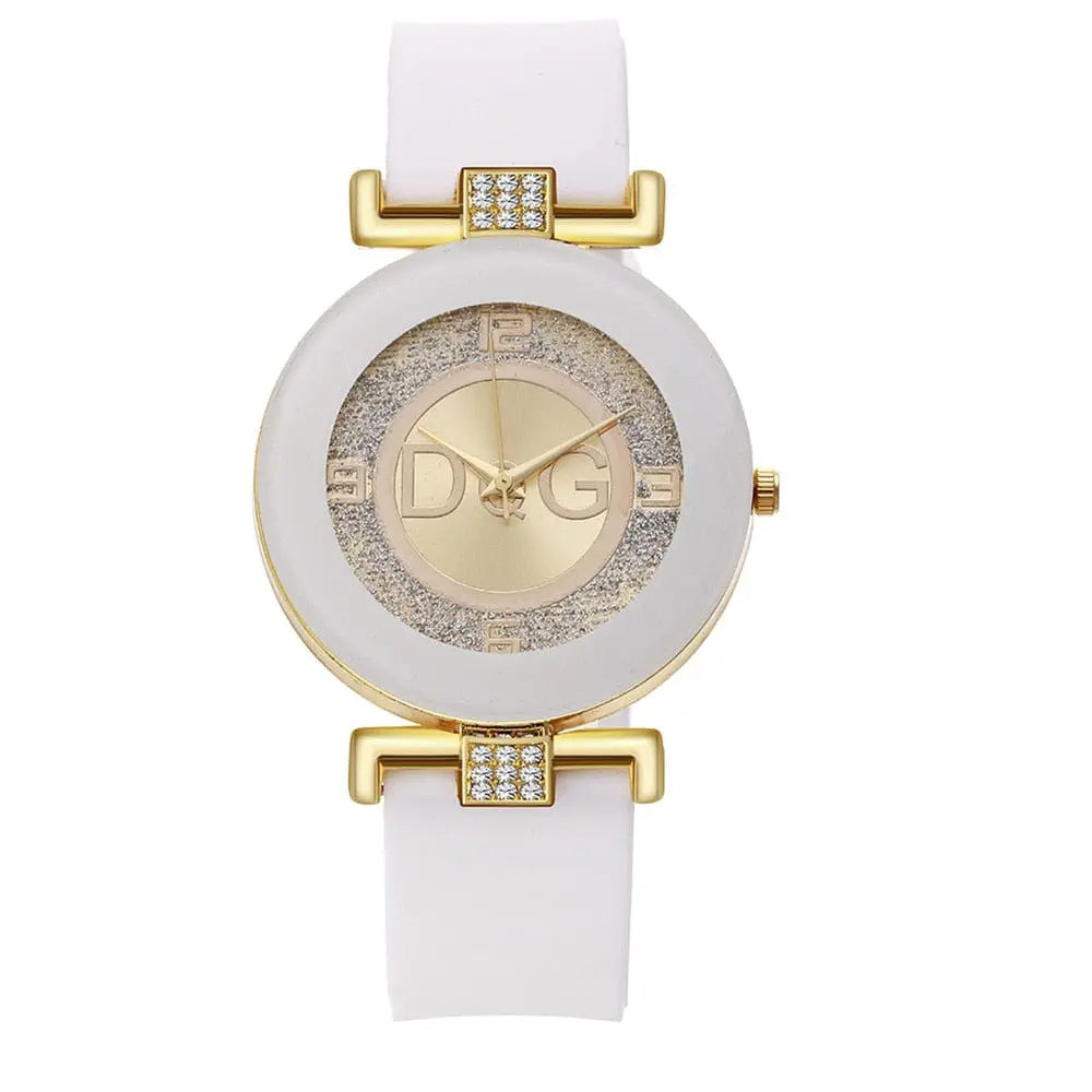 Women's minimalist quartz watch by Showlu Fashion with a large dial and black silicone strap, sleek and modern wristwatch design.