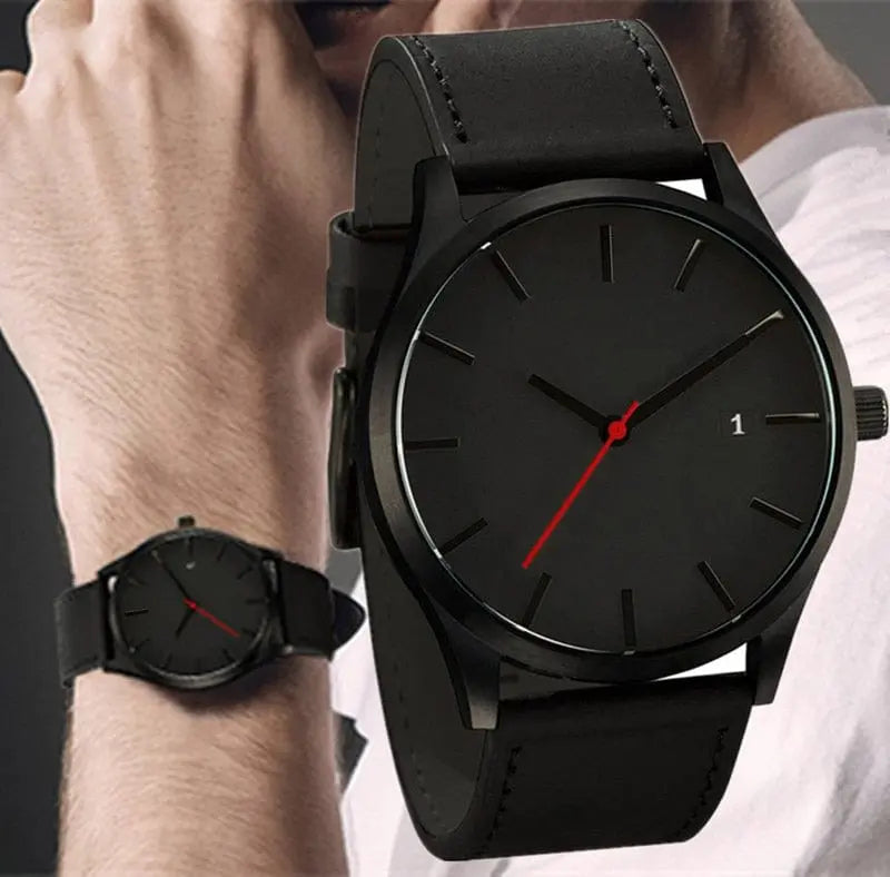 Showlu men's military sport quartz watch with leather strap and calendar feature, sleek design, and round dial.