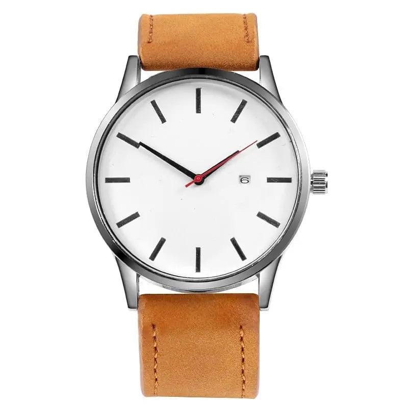 Showlu men's military sport quartz watch with leather strap, featuring a calendar display and sleek design.