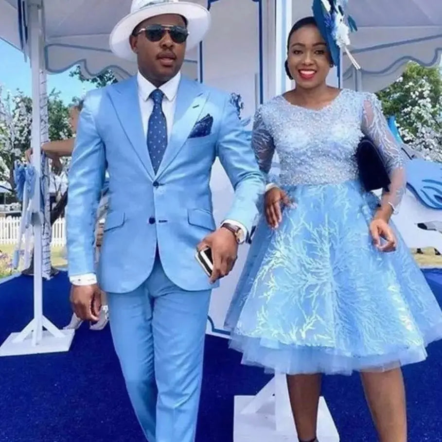 Sky blue men's 2-piece slim fit wedding suit with peak lapel, jacket and pants, stylish and modern groom attire by Showlu Fashion.