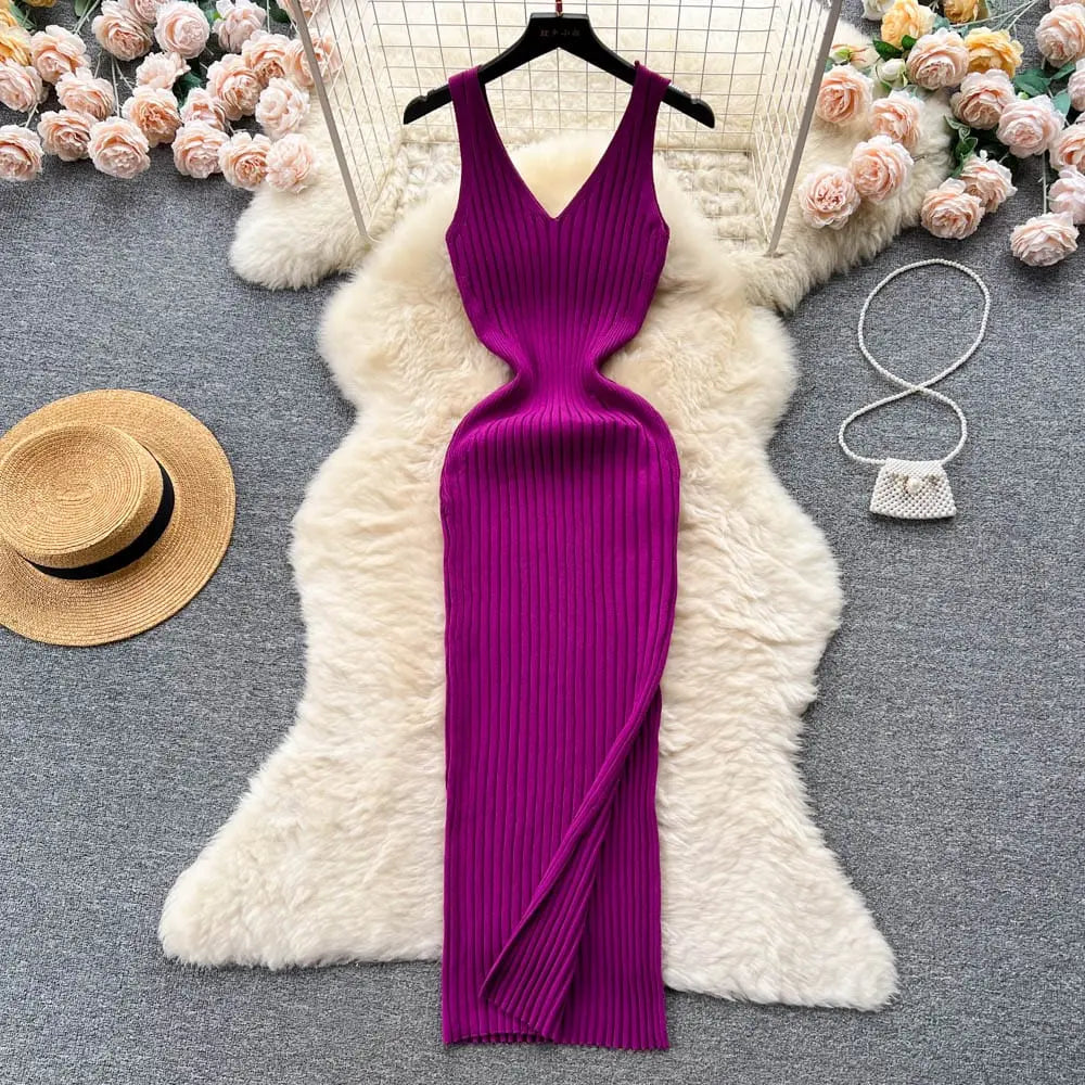 Showlu Fashion women's knitted bodycon summer dress with side split, fitted design, and sleeveless style for warm weather.