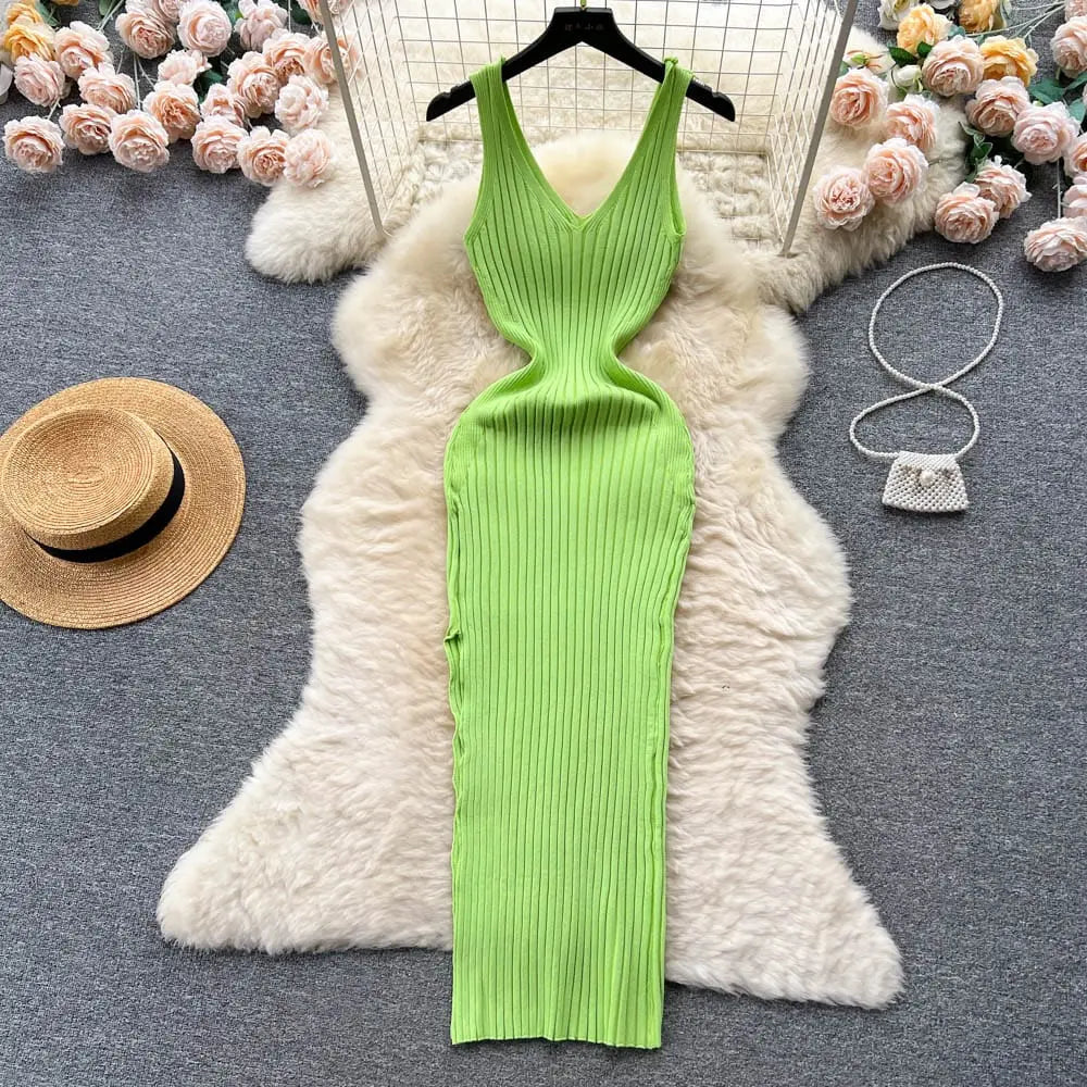 Showlu Fashion women's knitted bodycon summer dress with side split, fitted design and sleeveless style, perfect for warm weather.