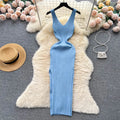 Showlu Fashion women's knitted bodycon summer dress with side split, fitted design and lightweight knit fabric.