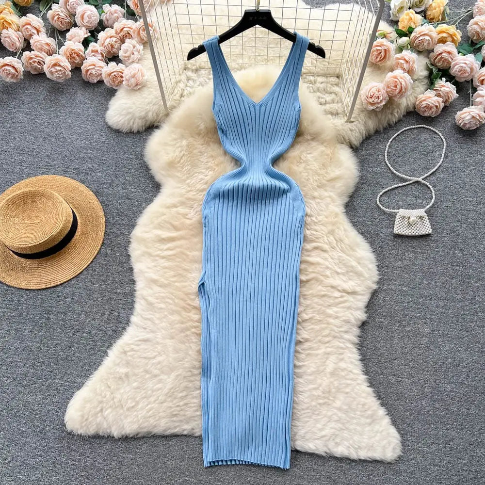 Showlu Fashion women's knitted bodycon summer dress with side split, fitted design and lightweight knit fabric.