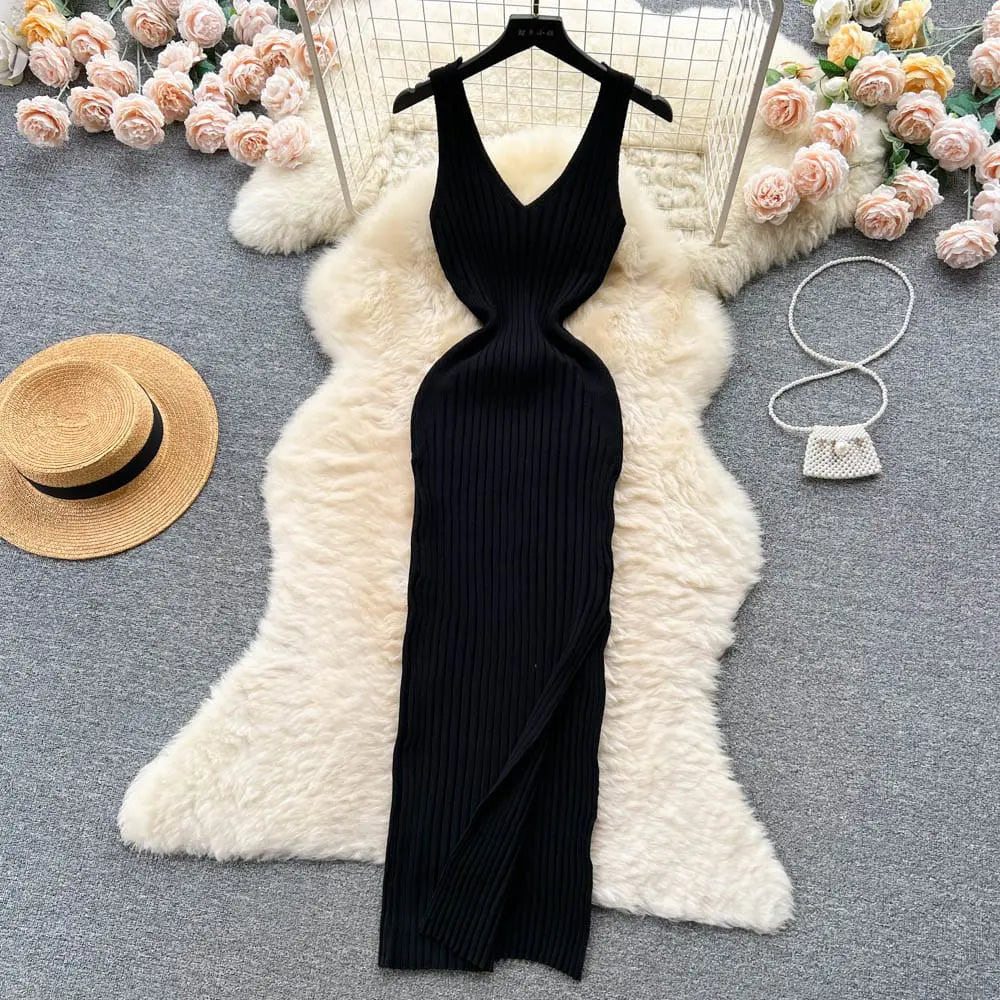 Showlu Fashion women's knitted bodycon summer dress with side split, featuring a sleek fit and stylish design.