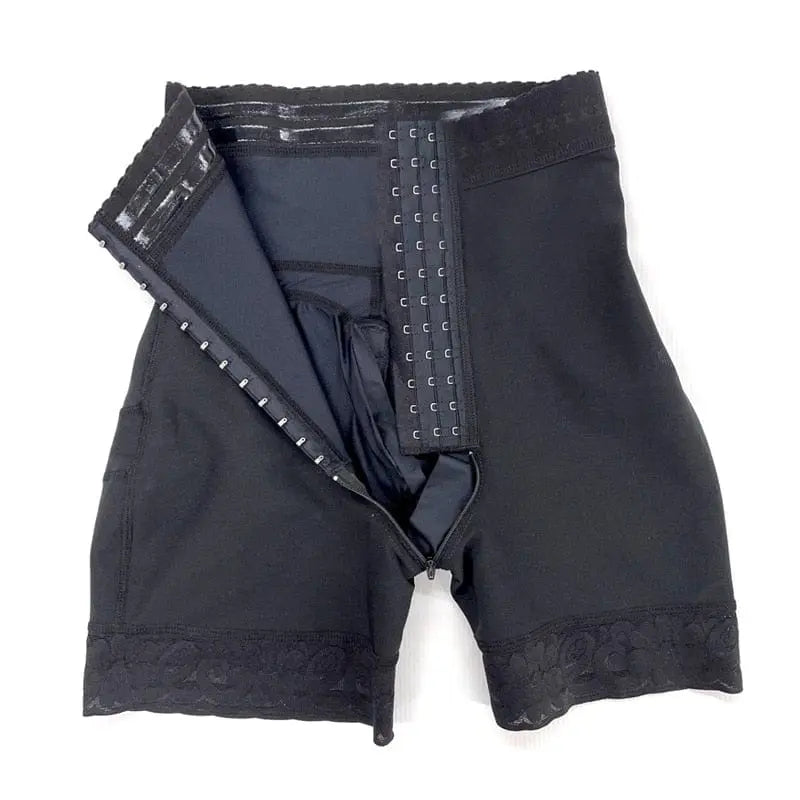 Showlu Store Nation lace butt lifter fajas with 3-hook waist trainer shorts, designed to enhance curves and shape the hourglass figure.